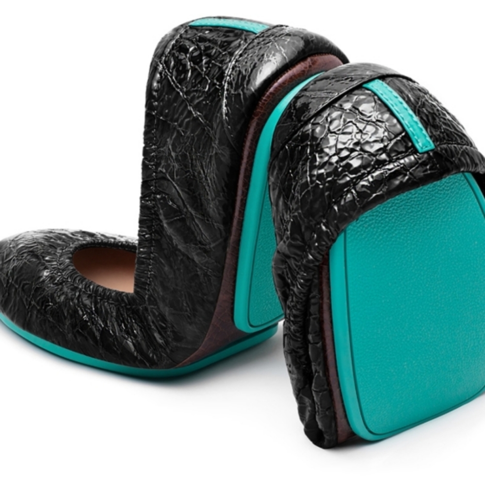 Tieks obsidian black croc patent leather ballet flats with box and flower